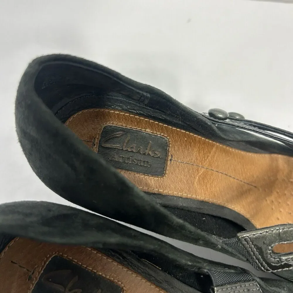 Clarks Diamond Suede Patent Leather Black Double Strap Mary Jane Heels Size 10M - Picture 5 of 7